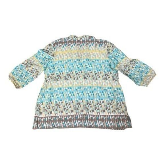 JM Collection Tunic 12 Geometric Print Blue Yellow Beaded Cotton Slit Pullover - Picture 7 of 12